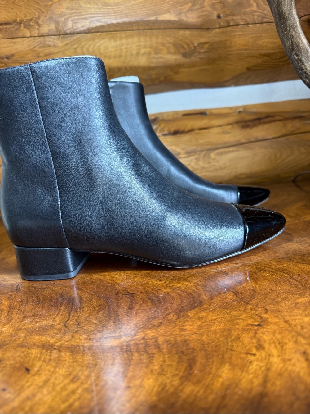 Veronica Beard Black Leather Ankle Boots with cap Patent Toe Cecile